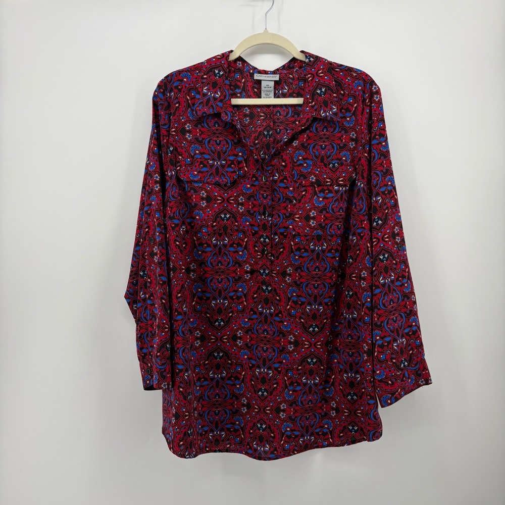 Catherines 0X Red Paisley Tunic Blouse Roll Tab Sleeve Partial Button Front